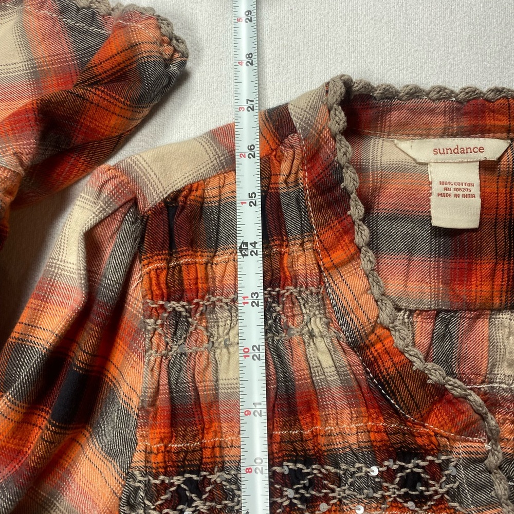 Sundance Orange Black Cream Plaid Peasant Top - Picture 6 of 8